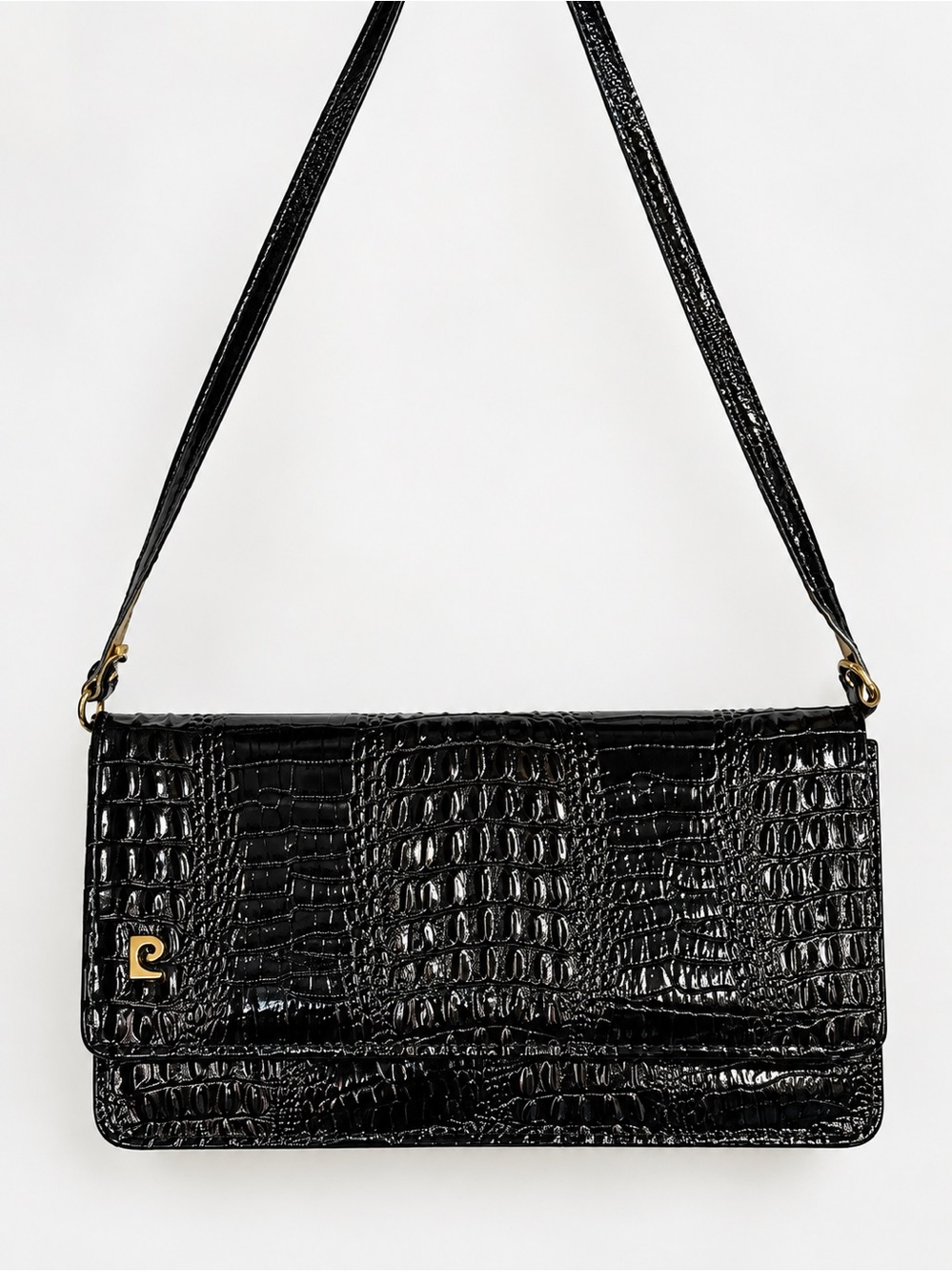 Vintage Pierre Cardin Black Patent Leather Croc-Embossed Shoulder Bag